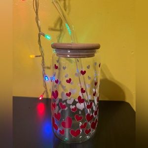 Cup Full of Love 16 oz Glass Libby Cup w/ Glass Bent Straw